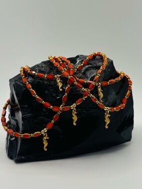 *Anklet* Gold Seahorse & Orange Crystal Stretchy Ankle Bracelet